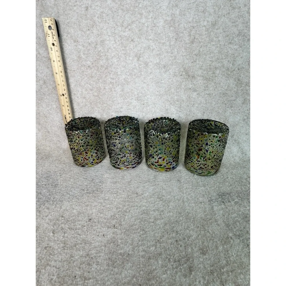 Set Of 4 Confetti Lowball Glass Tumblers Thick Textured Recycled Mexico
